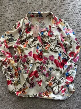 Philosophy Ivory Floral Silk like Button-Down Shirt with Multi-Color Blooms
